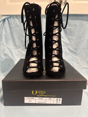 Olivia Jaymes Andi Black Suede Lace-Up Peep Toe Heels